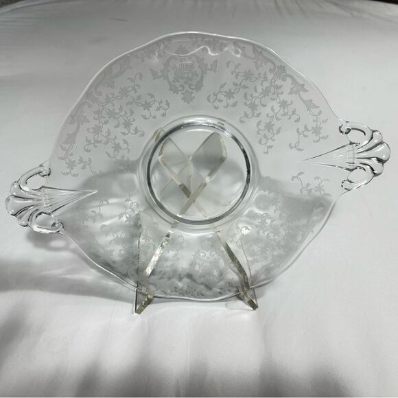 Fostoria VTG Glass Baroque Etched Chintz Handled Cake Plate Platter Dish 13.5” - Picture 2 of 11